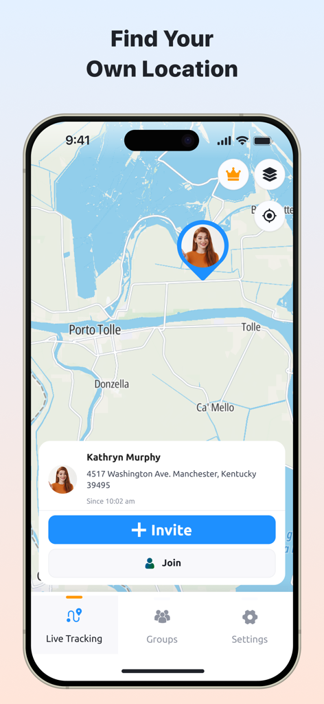 Una pantalla de smartphone que muestra la ubicación en vivo de un miembro de la familia en un mapa dentro de la aplicación Rastreador de Teléfonos.