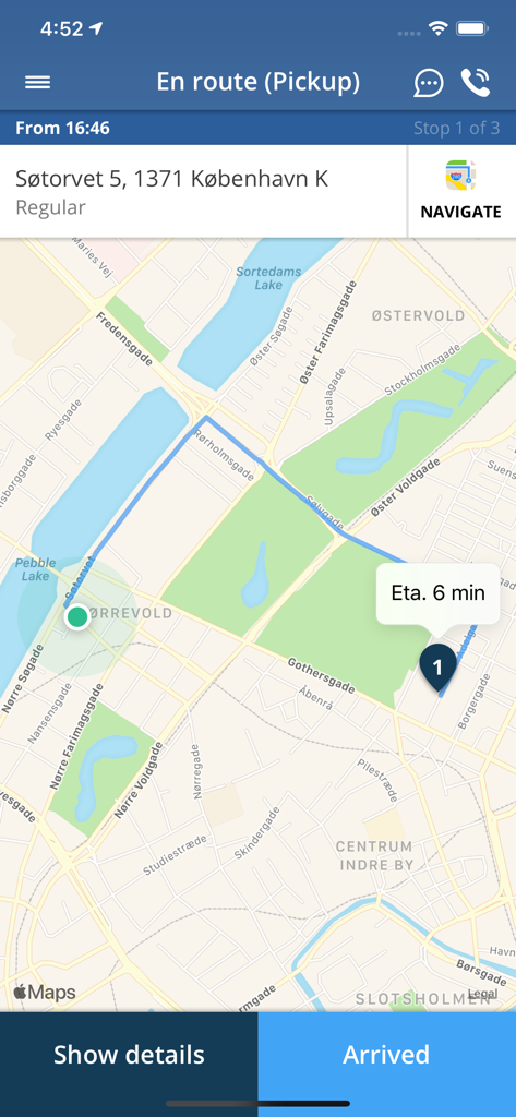 Interface of the Mover for Drivers app showing a map with a route to a pickup location in Copenhagen and an estimated arrival time.