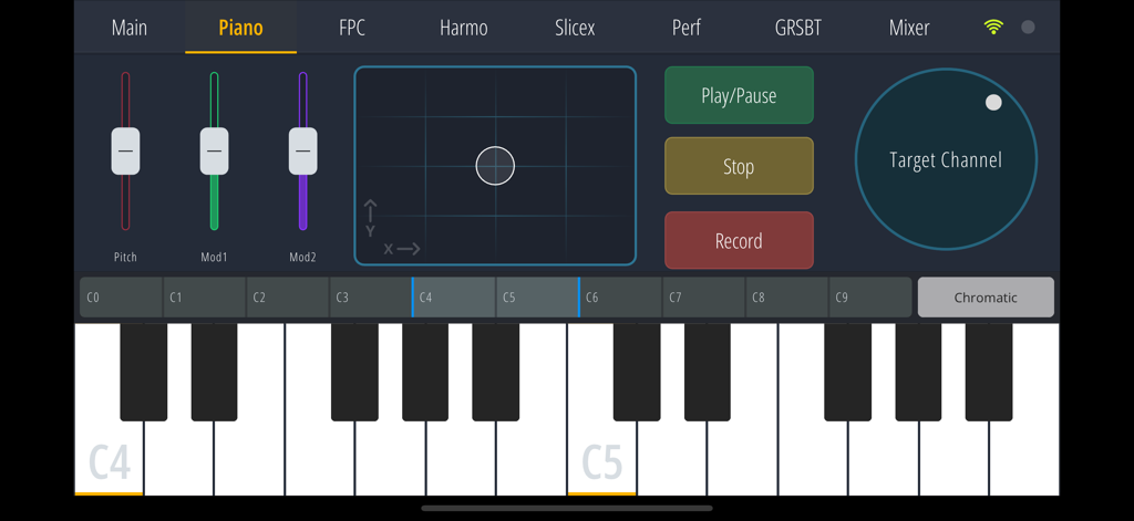 FL Studio Remote app interface with virtual piano keyboard, faders, and transport controls.
