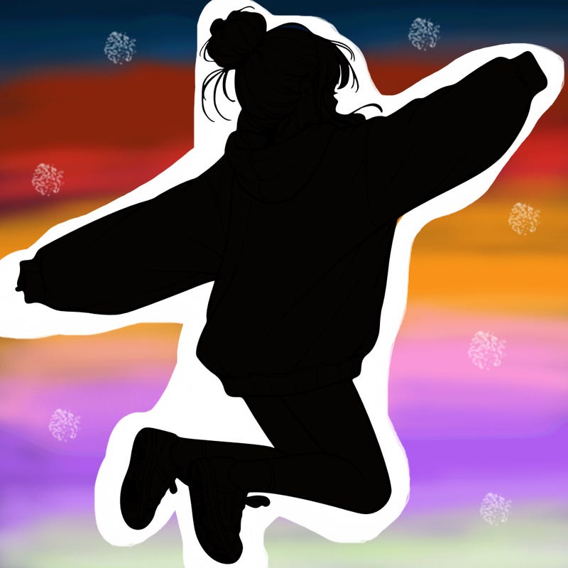 realistic girl jumping with a bun and oversized sweatshirt
