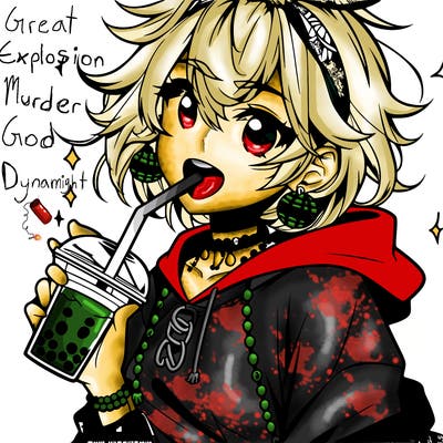 hot baddie anime girl drinking boba and biting the straw