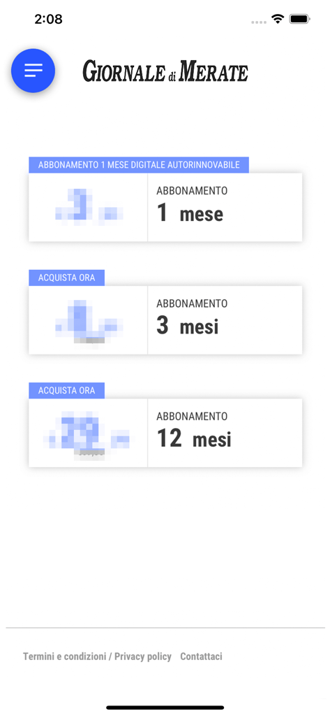 Giornale di Merate Digitale - Opzioni di abbonamento digitale per l'app del quotidiano Giornale di Merate che mostrano piani mensili e annuali.