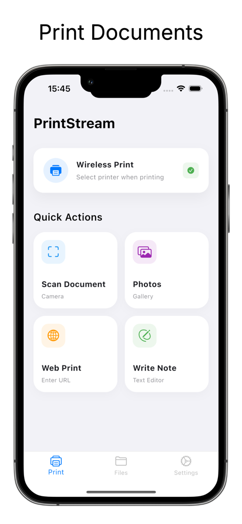 PrintStream: WiFi Printer App - Main dashboard of the PrintStream app showing options for wireless printing scanning documents photos and web printing