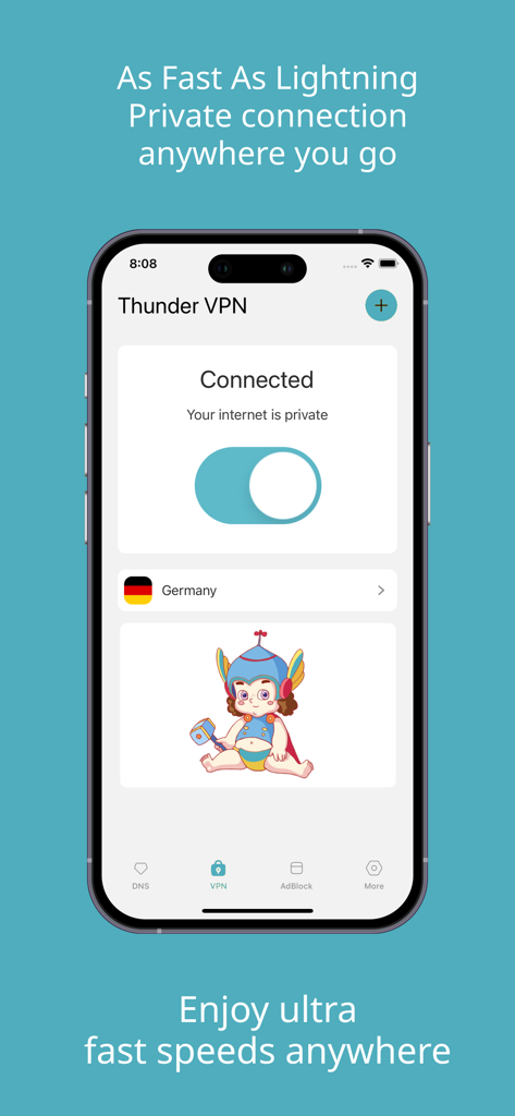 Screenshot of the Thunder VPN app on iPhone showing a successful private connection to a server in Germany.