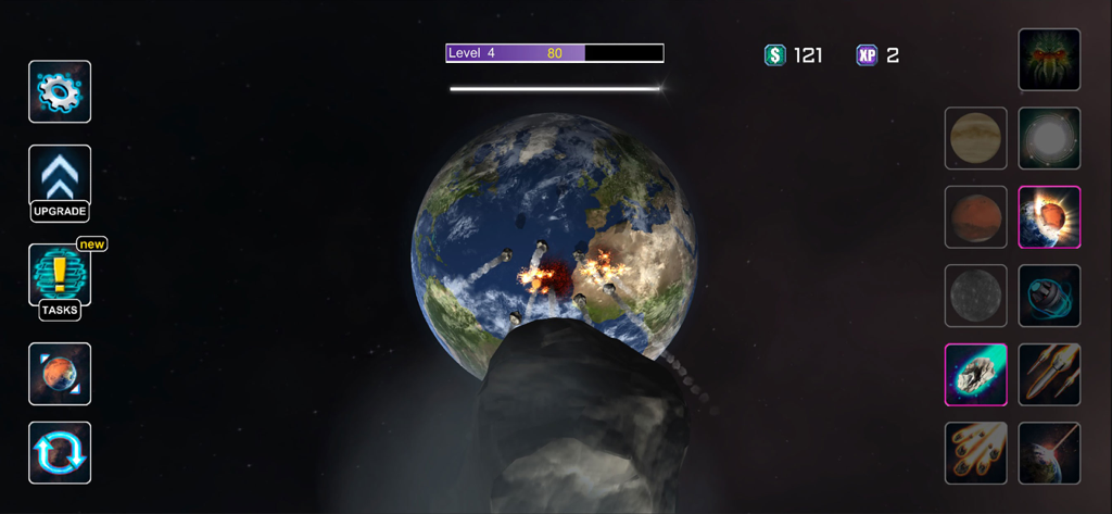 Planet Smash Destruction Games - A gameplay screenshot of Planet Smash Destruction Games showing an asteroid and missiles attacking Earth.