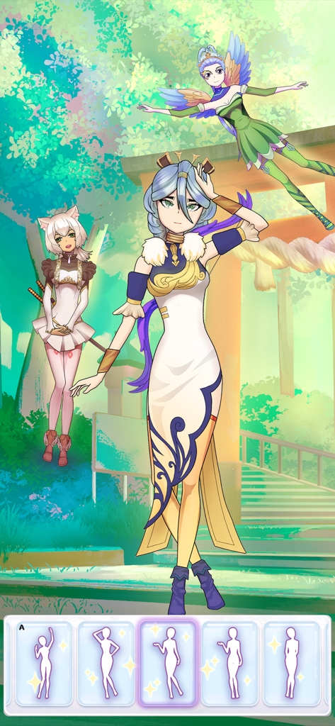 Anime Dress Up Games: Moe Doll - Personajes de anime Moe doll en poses personalizadas con atuendos de fantasía y fondo escénico