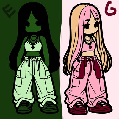 girl in baggy pants crop top and long hair