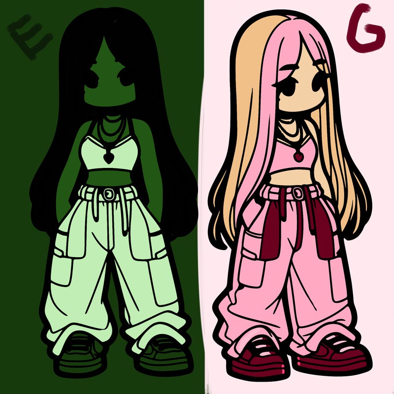 girl in baggy pants crop top and long hair