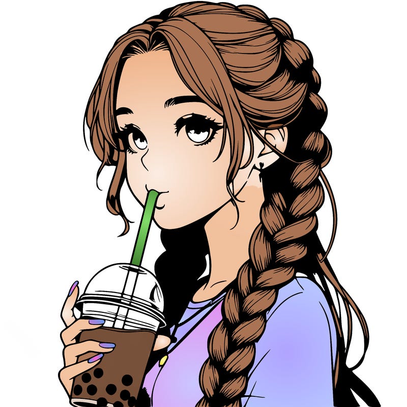 realistic girl with braided hair drinking boba