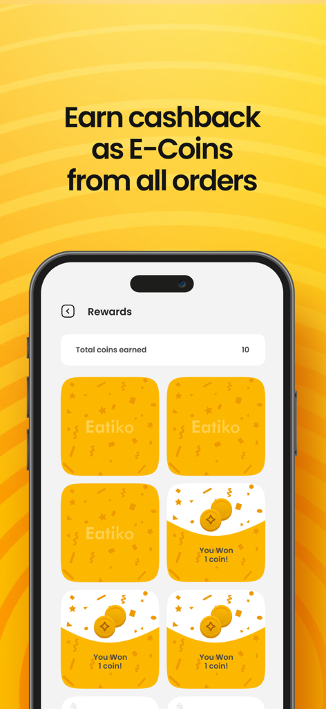 Eatiko - Delivery & Dine out - Eatiko mobile app rewards screen displaying earned E-Coins cashback from food orders