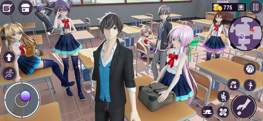 Anime High School Girl Sim - A group of 3D anime characters in a high school classroom setting with game controls and user interface