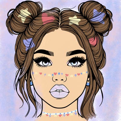 realistic girl with two buns on her hair and lips