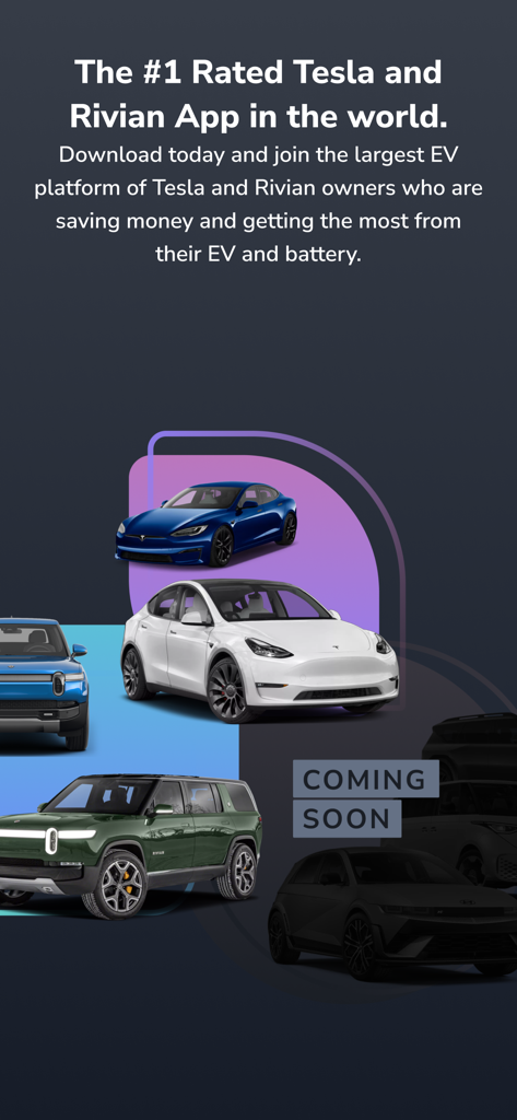 TezLab - For Tesla/Rivian - TezLab welcome screen promoting the top rated app for Tesla and Rivian EV owners with images of various electric vehicles