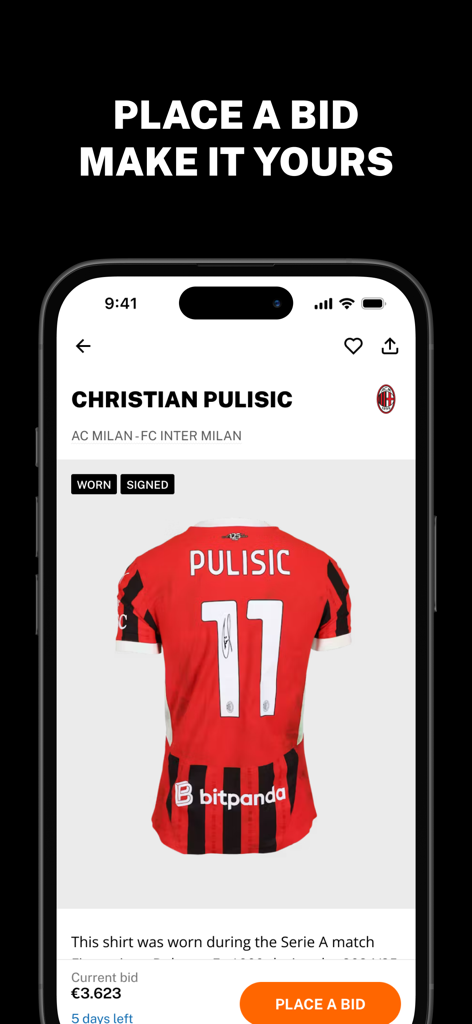 Un maillot de Christian Pulisic de l'AC Milan, dédicacé et porté en match, sur l'application d'enchères MatchWornShirt