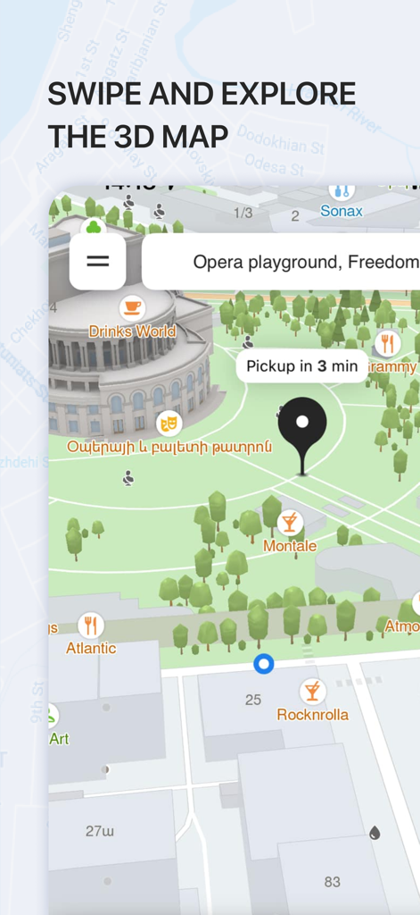 A 3D map interface from the gg transportation app showing pickup locations and city landmarks.