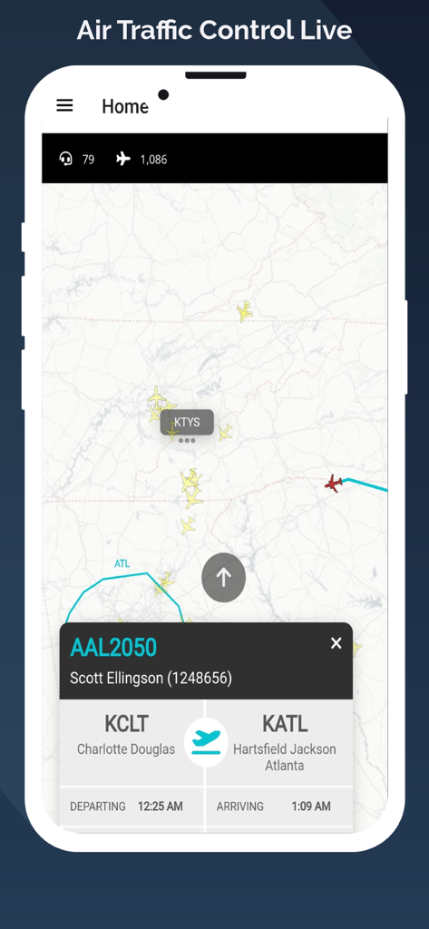 Interfaz de mapa de seguimiento de vuelos en tiempo real que muestra detalles de vuelo de Charlotte a Atlanta en la aplicación Air Traffic Control Live.
