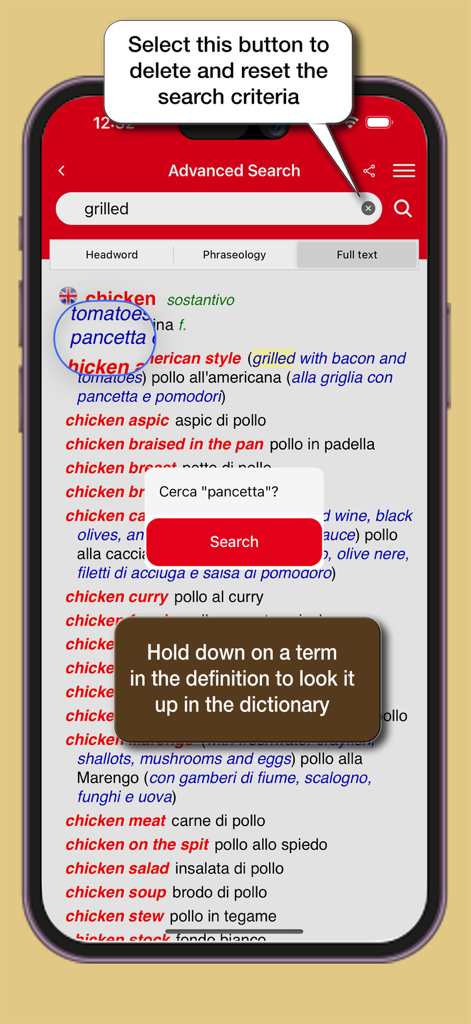Dizionario di Gastronomia - Resultados de búsqueda avanzada y función interactiva de búsqueda de términos en la aplicación móvil Dizionario di Gastronomia