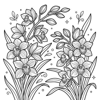Dive into the beauty of nature with this enchanting Cymbidium Orchids coloring page, designed especially for kids. Featuring elegant blooms and lush leaves, it promises hours of creative fun.