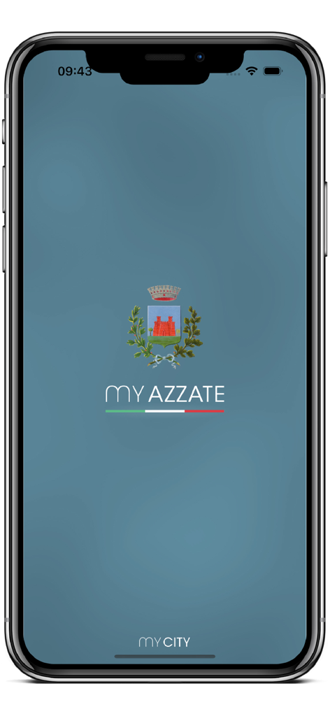 Tela de introdução do aplicativo MyAzzate apresentando o brasão municipal e o nome.