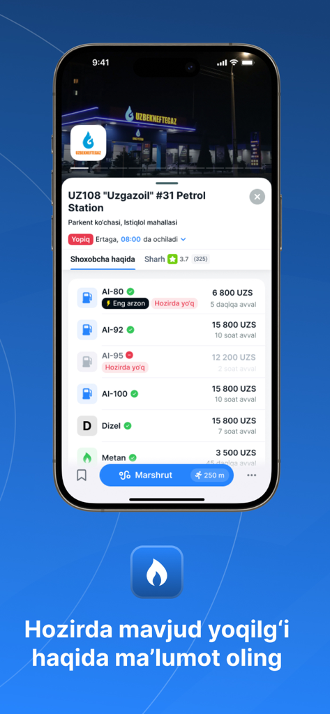 Avto24 - La pantalla de la aplicación móvil Avto24 muestra una lista de precios actuales de combustible en una gasolinera Uzgazoil