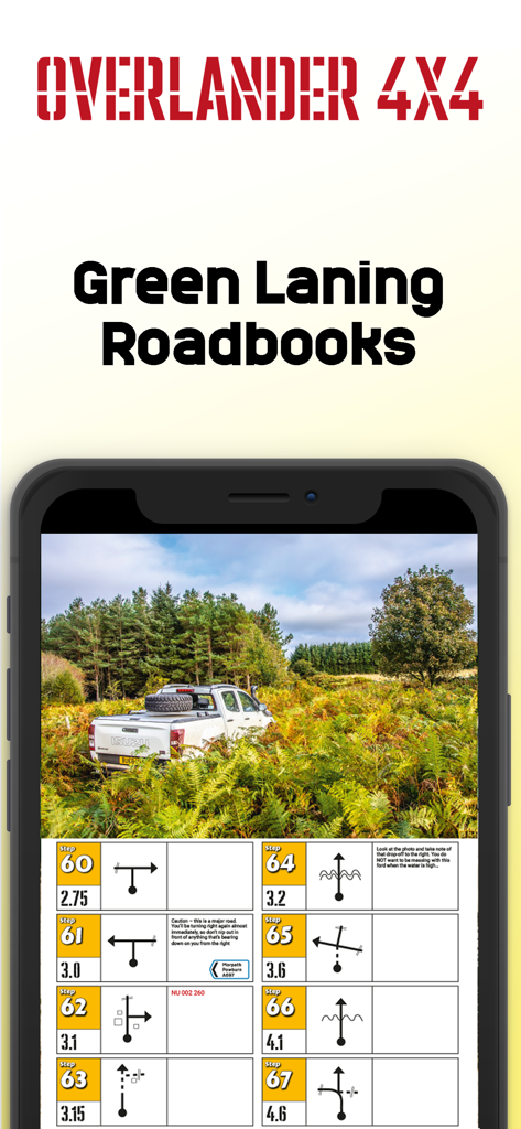 Overlander 4x4 app interface showing green laning roadbooks with navigation symbols and a 4x4 vehicle off-roading