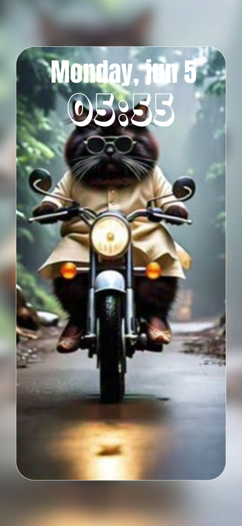 Un genial gato negro con gafas de sol montando una motocicleta en un fondo de pantalla de bloqueo de teléfono.