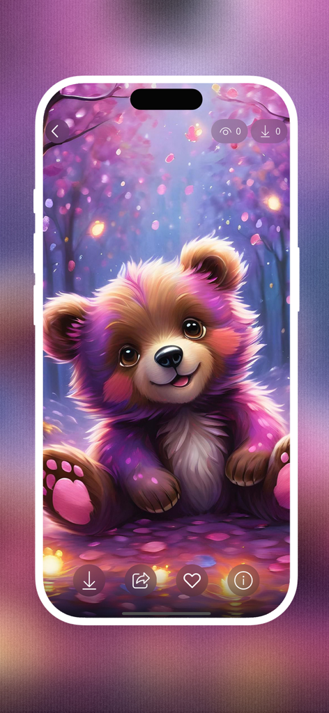 Cute Bear Wallpaper HD - A cute and colorful furry bear cub wallpaper displayed on a smartphone screen with a dreamy purple background.