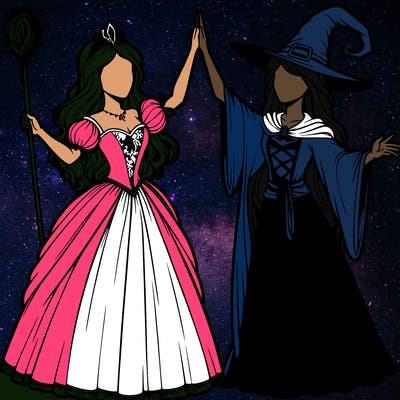 detailed realistic split of a princess and a witch