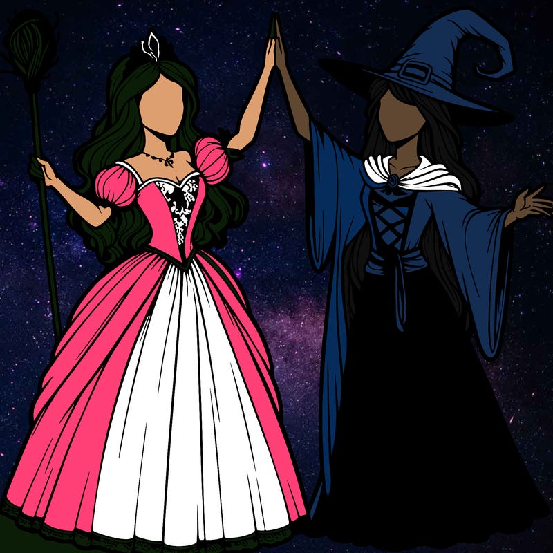 detailed realistic split of a princess and a witch