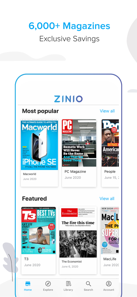 ZINIO 앱 홈 화면에 Macworld 및 The Economist를 포함한 인기 디지털 잡지 컬렉션이 표시됩니다.