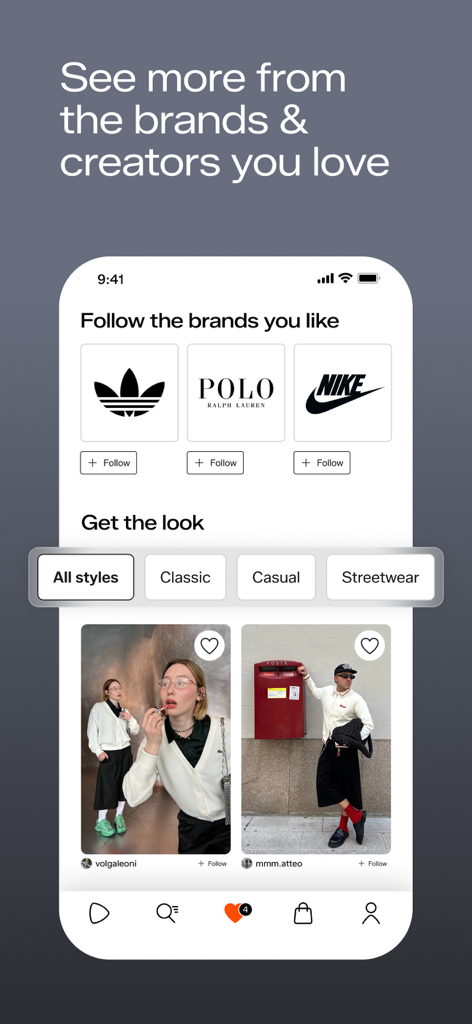 Zalando – Online fashion - Die Zalando App-Oberfläche zeigt Optionen zum Folgen von Modemarken und zum Durchsuchen von Looks von Influencern.