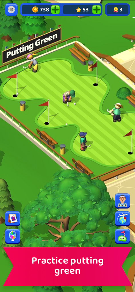Idle Golf Club Manager Tycoon - Players practicing golf on the putting green in Idle Golf Club Manager Tycoon