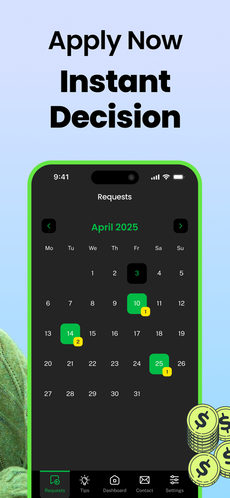 Payday Advance - Payday Bridge - Mobile interface of Payday Bridge app featuring a loan request calendar and instant decision text.
