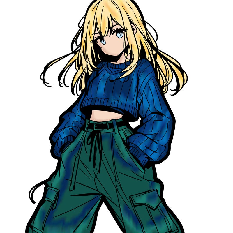 anime teen girl with baggy pants and crop top with sweater