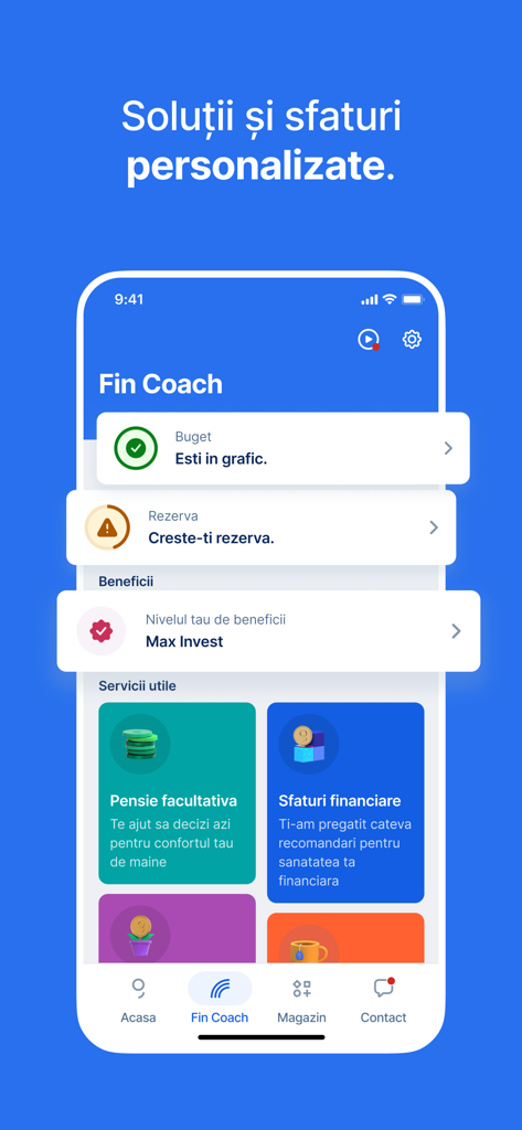 George Romania - L'interface Fin Coach de l'application bancaire George Roumanie proposant des conseils financiers personnalisés et un statut de budget