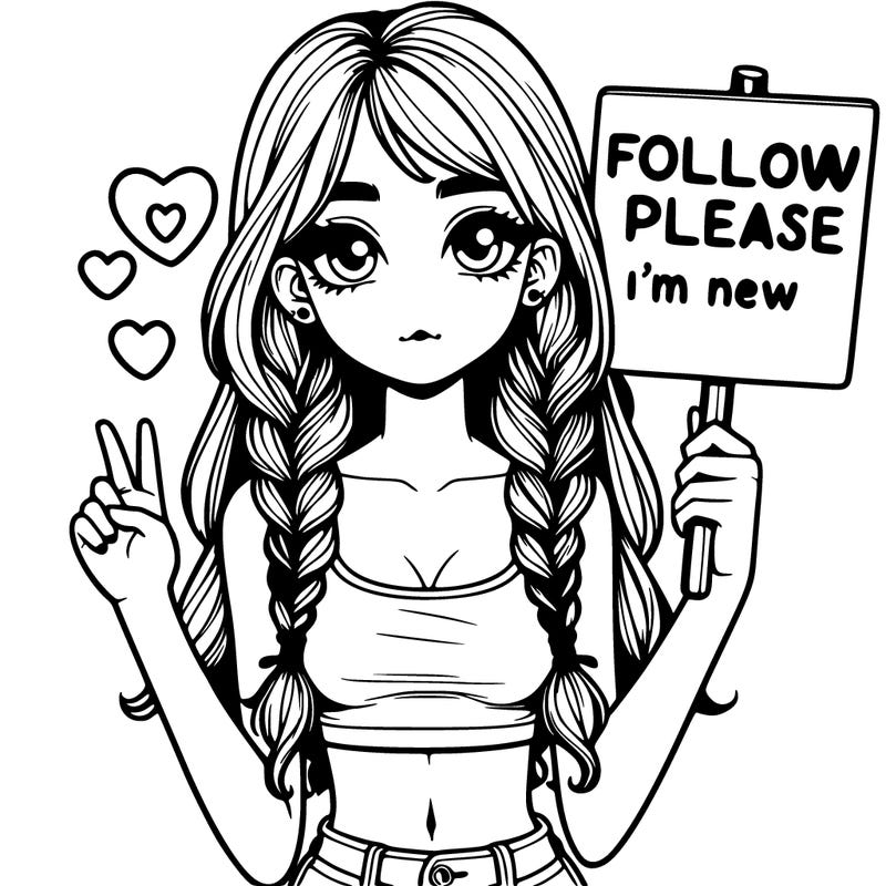 cute teenage girl with crop top holding sign that says follow please i'm new with braids