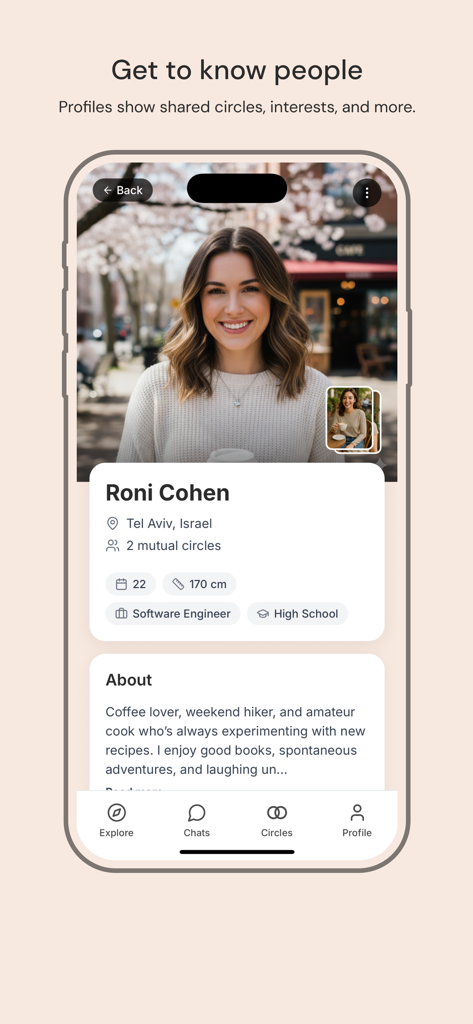 A user profile in the Circlez Dating app showing a woman's photo, shared circles, and personal interests.
