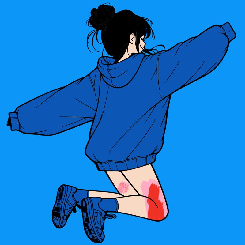 realistic girl jumping with a bun and oversized sweatshirt