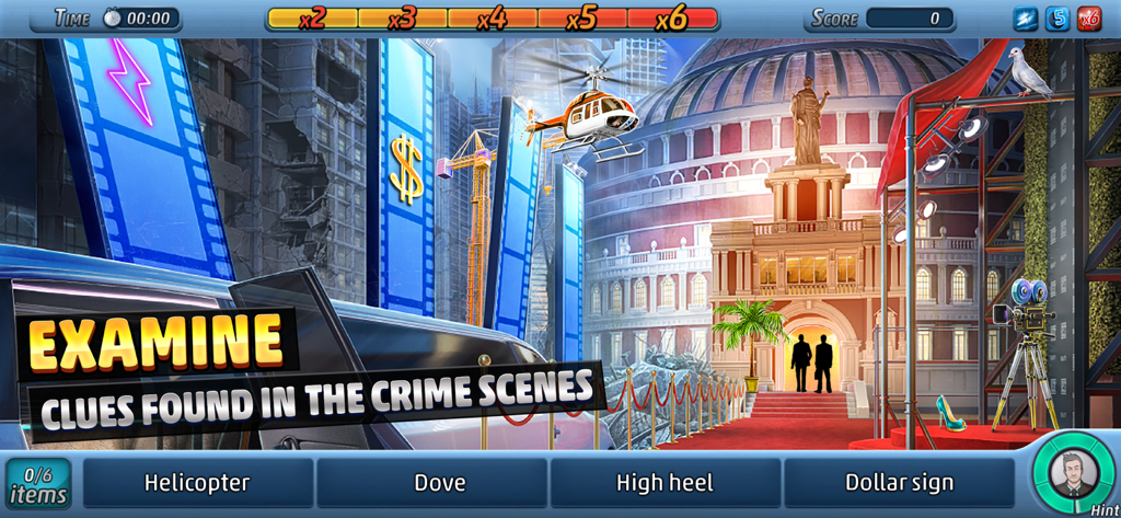 Jogabilidade de objetos escondidos em Criminal Case The Conspiracy mostrando uma cena de crime em um set de filmagem e um tapete vermelho