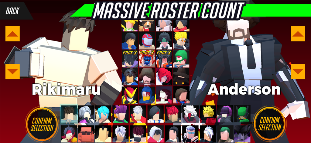 Vita Fighters - Character selection screen in Vita Fighters featuring a massive roster of blocky anime fighters