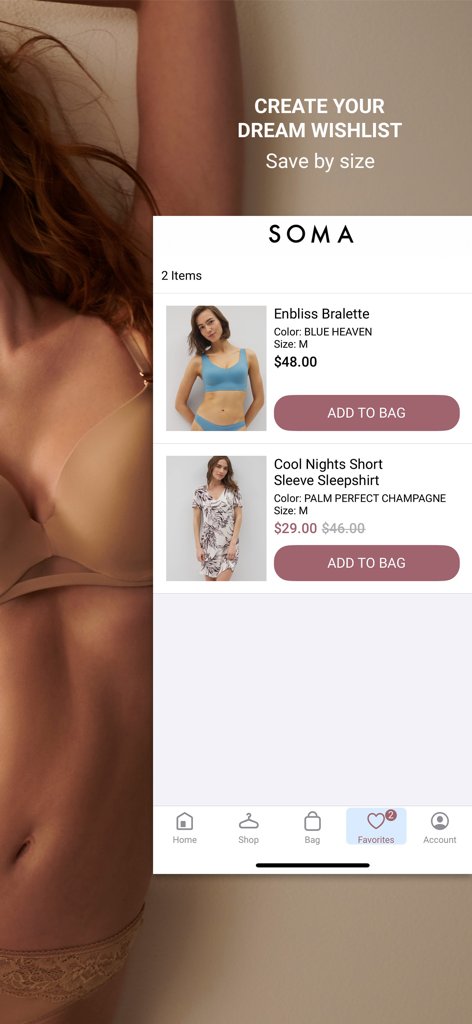 Tela do aplicativo Soma exibindo uma lista de favoritos do usuário com um sutiã e camisa de dormir salvos