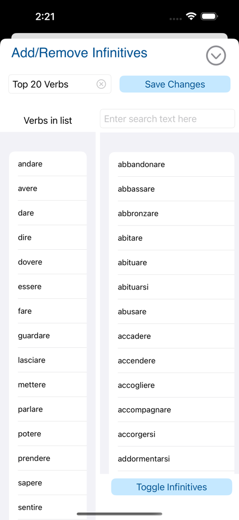 Oberfläche zum Hinzufügen und Entfernen italienischer infinitiver Verben, um benutzerdefinierte Lernlisten in der Verbi-App zu erstellen.