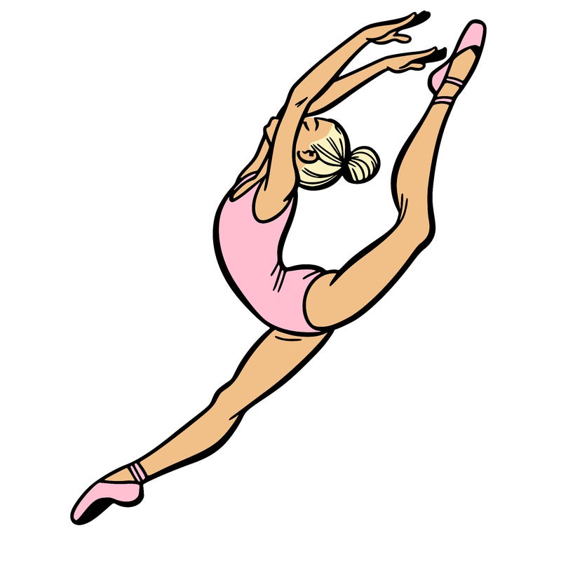 gymnast doing a leap in a leotard with a bent back leg