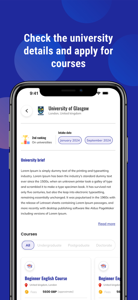 Acceptix mobile app screenshot displaying university details and course listings for the University of Glasgow.