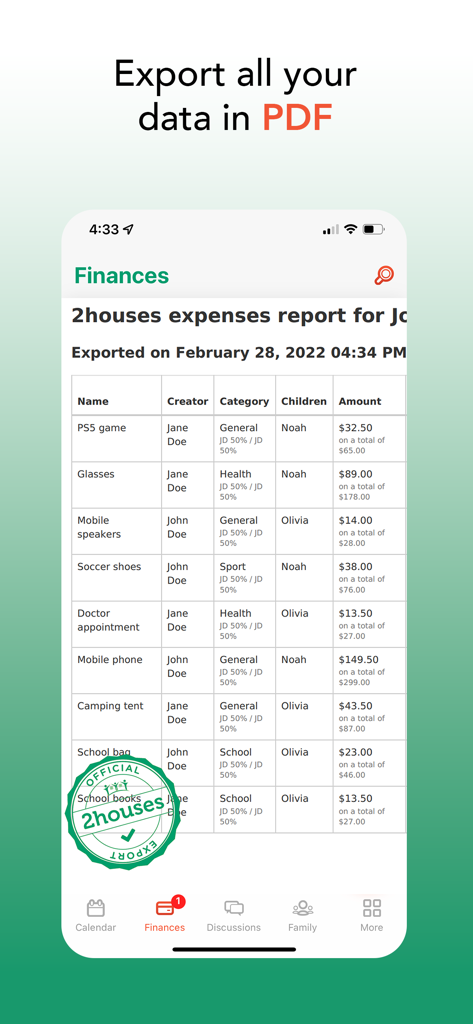 2houses: Better Co-parenting - Un rapporto dettagliato delle spese nell'app 2houses che mostra i costi condivisi per i bambini e un'opzione per esportare i dati in formato PDF.