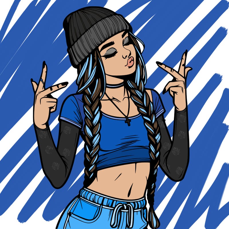 realistic teenage girl with braids and a beanie and crop top doing 🫶🏼