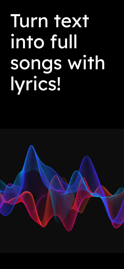 SongGenius: AI Music & Lyrics - SongGenius app promotional screen featuring text about turning text into songs with lyrics and a colorful sound wave visualization