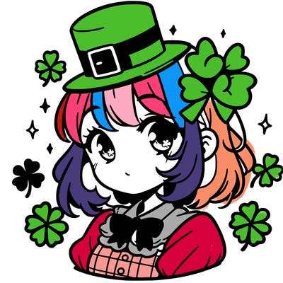 a manga-style girl with clovers around her, a little hat in her hair, like it's saint patrick's day