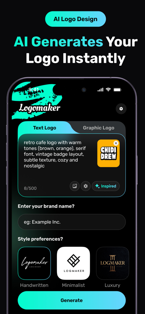 Interface of the LOGO AI app showing a text prompt for a retro cafe logo and different style preferences like handwritten and minimalist.