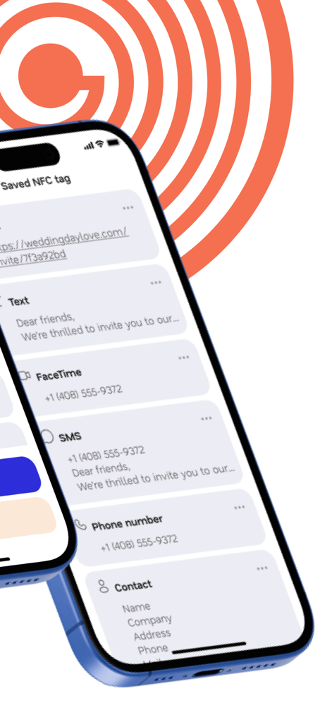 A list of saved NFC tags in the app including text, FaceTime, SMS, and contact details.
